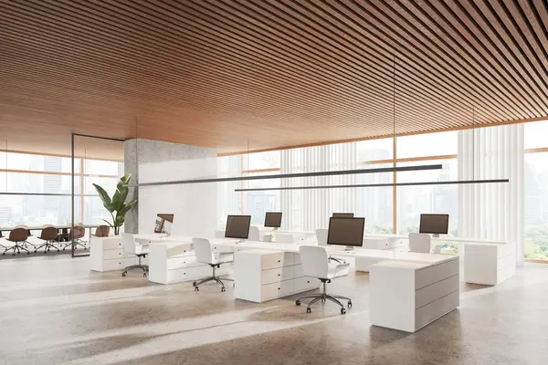 Light and wooden office interior with coworking corner, side view pc computers on white desk in row. Glass conference zone with board, panoramic window on Bangkok skyscrapers. 3D rendering