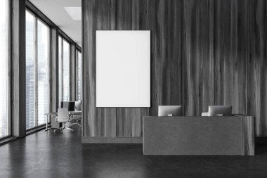 Masanın üzerinde gri beton zemin olan karanlık resepsiyon masası. Arka planda bilgisayarlar ve koltuklarla birlikte çalışmak, panoramik Singapur gökdelenleri. Tuvalin posterini hazırla. 3B görüntüleme