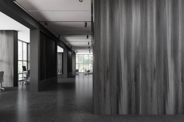 Ofis içi karanlık, çalışma alanı geniş, bilgisayar sıralı ve koridorda. Tropik bölgelerde panoramik pencere. Boşluğu kopyala boş siyah tahta duvar bölmesi. 3B görüntüleme