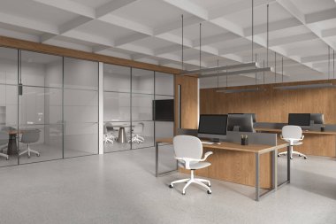 Modern açık uzay ofisinin köşesinde ahşap ve beyaz duvarlar, beton zemin, yanında beyaz sandalyeler ve toplantı odası olan bir dizi bilgisayar masası. 3d oluşturma