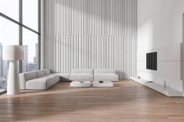 Modern oturma odasının içinde beyaz duvarlar, ahşap zemin, sehpanın yanında duran iki rahat beyaz kanepe ve duvarda televizyon. 3d oluşturma