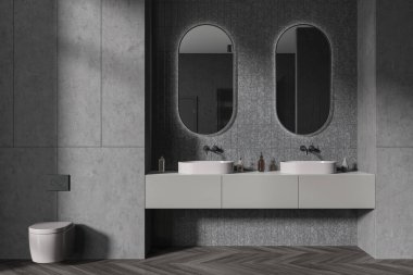 Gri duvarları, ahşap zemini, rahat çift lavabosu, iki oval aynası ve klozeti olan şık bir banyo. 3d oluşturma