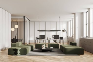 Beyaz ofis içi kanepe ve sehpa, cam toplantı ve bilgisayar masaüstüyle birlikte çalışma alanı. Panoramik pencereli minimalist iş yeri. 3B görüntüleme