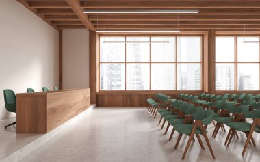 Bej ve ahşap oditoryumun içinde sıra sıra yeşil sandalyeler Singapur gökdelenlerinde panoramik pencere. Dinlemek için koltukları olan bir basın odası. 3B görüntüleme