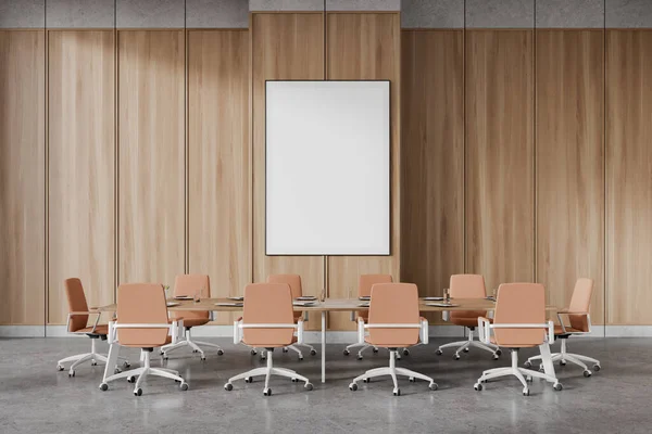 Interior Modern Meeting Room Light Wooden Walls Concrete Floor Long — Stock Photo, Image