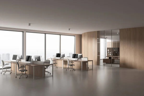 Modern wooden office interior with coworking corner, side view pc computers on tables in row. Glass conference room with panoramic window on Paris skyscrapers. 3D rendering