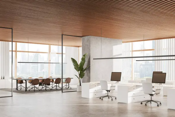 Light and wooden office interior with coworking corner, side view pc computers on white desk in row. Glass conference zone with board, panoramic window on Bangkok skyscrapers. 3D rendering
