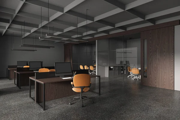 Interior Oscuro Oficina Con Coworking Esquina Conferencia Vidrio Mesa Reunión —  Fotos de Stock