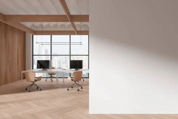 Wooden office interior with seats and pc desktop, table in row on hardwood floor. Coworking space and panoramic window on Singapore. Mockup copy space blank partition. 3D rendering