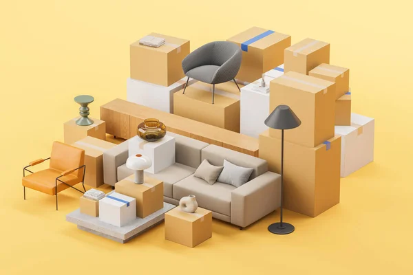 带纸板箱的家居家具的顶部视图 扶手椅和黄色背景的装饰 快递公司和送货的概念 3D渲染说明 — 图库照片