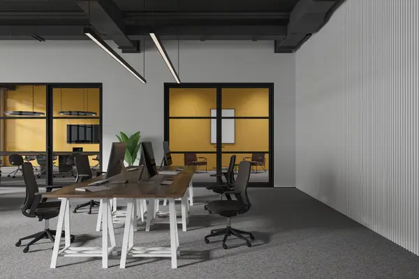 동료와 공간을 사무실 인테리어 테이블과 공간이있는 의자와 책상에 컴퓨터 렌더링 — 스톡 사진