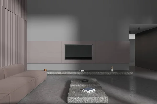 Interior Stylish Living Room Gray Beige Walls Concrete Floor Cozy — Stock Photo, Image