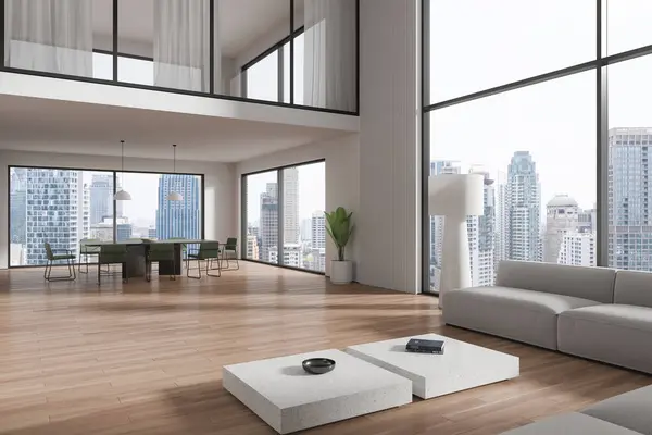 Interior Ruang Tamu Modern Dengan Dinding Putih Lantai Kayu Sofa — Stok Foto