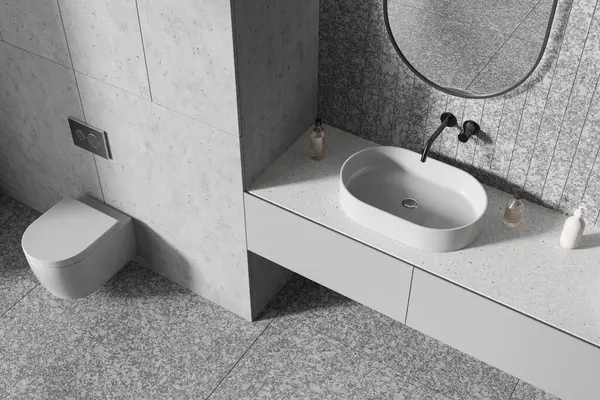 화장실 싱크대 액세서리와 인테리어의 미니멀리스트 화장실과 세련된 아파트에서 렌더링 — 스톡 사진