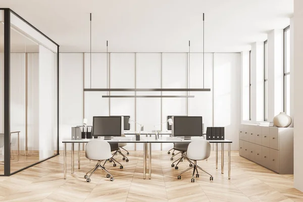 White coworking interior with chairs and pc desktop in row, glass room and hardwood floor. Modern office workspace with sideboard and panoramic window. 3D rendering