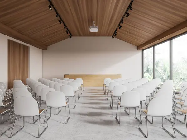 Interior Modern Lecture Hall White Walls Concrete Floor Rows White — Stock Photo, Image