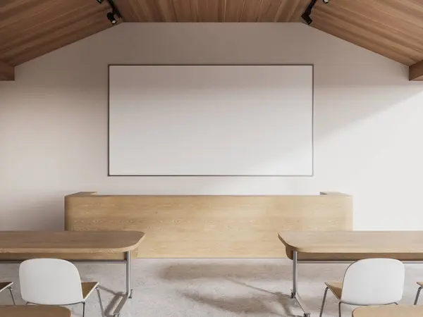 Interior of modern college classroom with white walls, concrete floor, wooden tables with white chairs and blank whiteboard hanging above lecturers table. 3d rendering