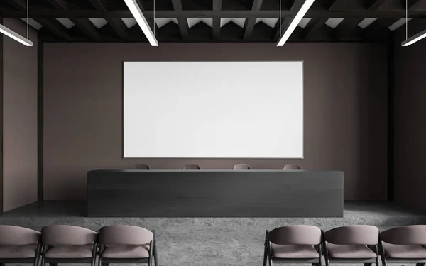 Dark Auditorium Interior Desk Brown Chairs Row Grey Concrete Podium — Stock Photo, Image