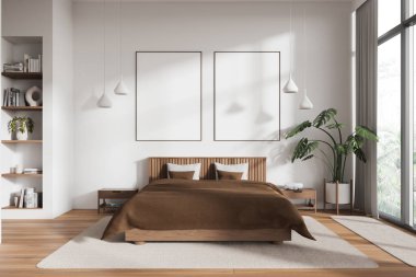 Modern ev yatak odası iç yatak ve bitki, komodin ve raf, ahşap zeminde halı. İki tane tuval posterli şık bir uyku odası. Tropik bölgelerde panoramik pencere. 3B görüntüleme