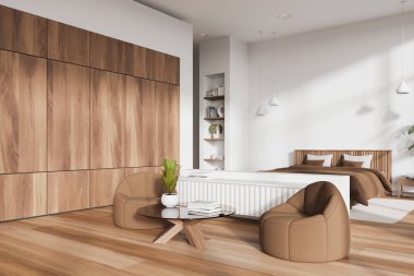 Konforlu ahşap otel odasının içi yatak odası, yumuşak koltuklar, ahşap zeminde yan manzara sehpası. Şık bir uyku ve gardıroplu soğuk bir köşe ve dekorasyonlu bir raf. 3B görüntüleme
