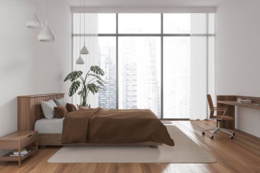 Beyaz yatak odası iç yatak odası çalışma odası, koltuk ve dekorasyon, ahşap döşeme halısı. İş yeri ve Singapur gökdelenlerinde panoramik pencereli rahat bir uyku odası. 3B görüntüleme