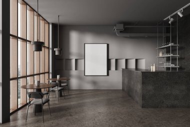 Gri duvarları, beton zemini, rahat bar tezgahı, sandalyeli yuvarlak masalar ve dikey maket posterli modern barın içi. 3d oluşturma