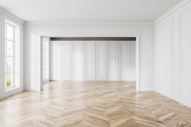 Modern beyaz klasik boş oda döşemesi, Bangkok gökdelenlerinde kalıp duvarları ve panoramik pencereleri olan yaşam ya da pişirme alanı. Mobilya yok, insan yok. 3B görüntüleme