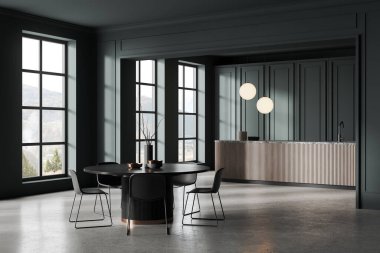 Klasik ev mutfağı. Yuvarlak masa ve sandalyeler. Gri beton zeminde yan görüş tezgahı. Kırsal kesimde panoramik pencereli rahat yemek ve yemek köşeleri. 3B görüntüleme