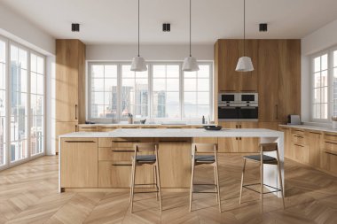 Bar adası, tabure ve ahşap döşemeli modern ev mutfağı. Rafları ve mutfak gereçleri olan şık bir yemek odası. Kuala Lumpur gökdelenlerinin panoramik penceresi. 3B görüntüleme