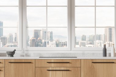 Beyaz ve ahşap mutfak. Masa ve güverte tabakla, pişirme alanı da mutfak gereçleri ile birlikte taştan tezgah. Kuala Lumpur gökdelenlerinin panoramik penceresi. 3B görüntüleme