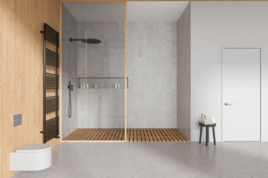 Lüks ev banyosu, cam duş, duvara asılmış tuvalet, aksesuarlı tabure ve havlu korkuluğu. Kapısı olan şık bir dairede tuvalet. 3B görüntüleme