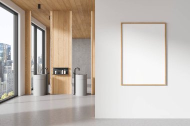Modern ev banyosu, çift lavabo ve ayna, minimalist aksesuarlar ve New York gökdelenlerinin panoramik penceresi. Bölüme uzay tuval posterini kopyala. 3B görüntüleme