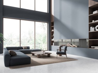 Modern mavi oturma odası. Koltuğu, koltuğu, yan manzaralı şöminesi ve dekorasyonlu kahve masası var. Tropik bölgelerde panoramik pencere. Kopya uzay duvarı. 3B görüntüleme