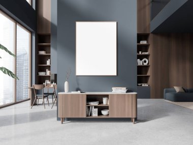 Modern oturma odasının içi büfeli, yemek masası ve bölümün arkasında sandalyeler. Singapur gökdelenlerinin panoramik penceresi. Tuvalin posterini hazırla. 3B görüntüleme