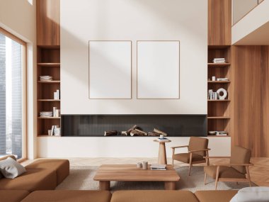 Konforlu bej ev oturma odası. Kanepe, koltuklar, şömine ve dekorasyonlu raflar. Gökdelenlerin panoramik penceresi. Sıraya dizilmiş iki tane tuval posteri. 3B görüntüleme