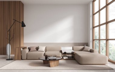 Beyaz ev içi dinlenme odası, bej kanepe ve sehpa, beton zeminde halı. Modaya uygun bir toplantı ya da panoramik pencerenin yanında rahatlama alanı. Boşluk duvarını kopyala. 3B görüntüleme