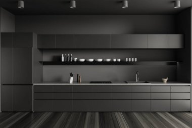 Dolaplı ve dolaplı, ahşap döşemeli, lüks, siyah bir ev mutfağı. Mobilya ve mutfak gereçleri olan rahat, açık bir yemek odası. 3B görüntüleme