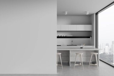 Beyaz duvarları, beton zemini, beyaz dolapları, tencere, lavabo ve tabureli rahat beyaz adaları olan şık bir mutfak. Soldaki uzay duvarını kopyala. 3d oluşturma