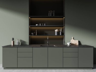 Minimalist yeşil mutfak iç mimarisi tezgah ve lavabo, raf yeni mutfak gereçleriyle dolu. Açık beton zemini olan koyu tenli yemek pişirme alanı. 3B görüntüleme