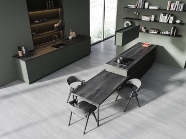 Üst manzaralı, karanlık otel mutfağı, yemek masası ve bar tezgahı, dekorasyonlu yan manzara rafı. Tropik bölgelerde panoramik pencereli şık bir yemek köşesi. 3B görüntüleme