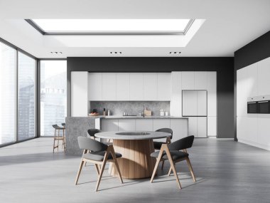 Gri duvarları, beton zemini, beyaz dolapları ve dolapları, tabureli adaları ve gri sandalyeli yuvarlak masaları olan şık bir mutfak. 3d oluşturma