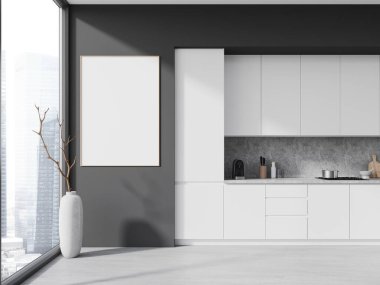 Gri duvarları, beton zemini, beyaz dolapları ve fırında yapılmış ve dikey maket posterleri olan şık mutfağın içi. 3d oluşturma