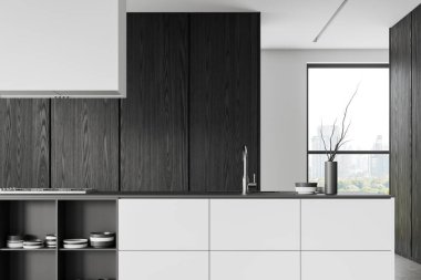 Siyah ve ahşap mutfak iç mimarisi, bar adası yakın çekim, soba ve lavabo. Mutfak eşyaları ve raflar, bulaşıklı şifonyer. Bangkok 'ta panoramik pencere. 3B görüntüleme