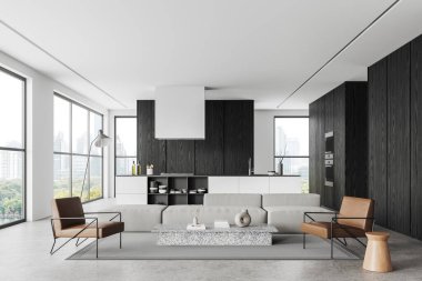 Beyaz ve siyah modern ev stüdyosu. Koltuğu ve deri koltukları var. Bar adası ve Bangkok gökdelenlerinde panoramik pencereli yemek pişirme alanı. 3B görüntüleme