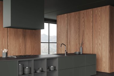 Siyah ve ahşap mutfak iç mimarisi, bar tezgahı yakın çekim, yan görüş sobası ve lavabosu. Mutfak gereçleri ve rafları olan yemek köşesi. Kırsal kesimde panoramik pencere. 3B görüntüleme