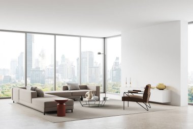 Beyaz oturma odasının içi kanepe ve koltuk, yan manzaralı sehpa ve halı. Bangkok gökdelenlerinin panoramik penceresi. Uzay duvarını kopyala. 3B görüntüleme