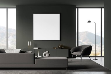 Koyu renk oturma odası. Koltuğu, kanepesi ve sehpası ve dekorasyonu var. Kırsal kesimde panoramik pencere. Tuvalin kare posterini düzenle. 3B görüntüleme