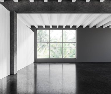 Gri ve ahşap duvarları, beton zemini ve tropikal manzaralı büyük pencereli boş bir ofis odası. 3d oluşturma