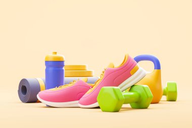 Dambılı pembe spor ayakkabılar, bej rengi boş fotokopi alanı arka planında bir şişe su. Fitness, spor ve spor anlayışı. 3B resimleme