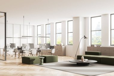 Yan taraftaki ofis içi kanepe ve sehpası olan, bilgisayar masaüstüyle birlikte çalışan bir köşe. Bangkok gökdelenlerinde panoramik pencereli rahat bir iş yeri. 3B görüntüleme